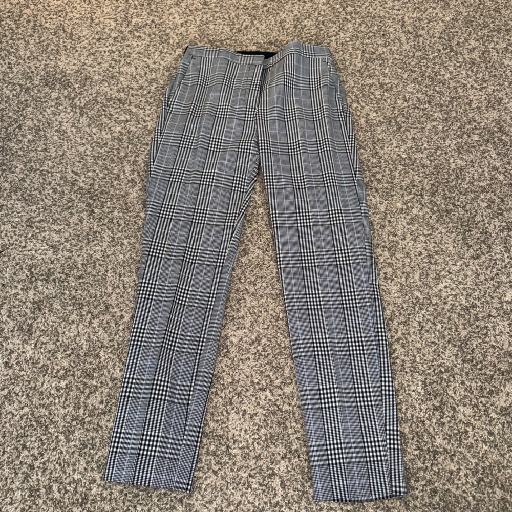 Zara Womens Navy White Glen Plaid Check Slim Leg Trousers Size Medium